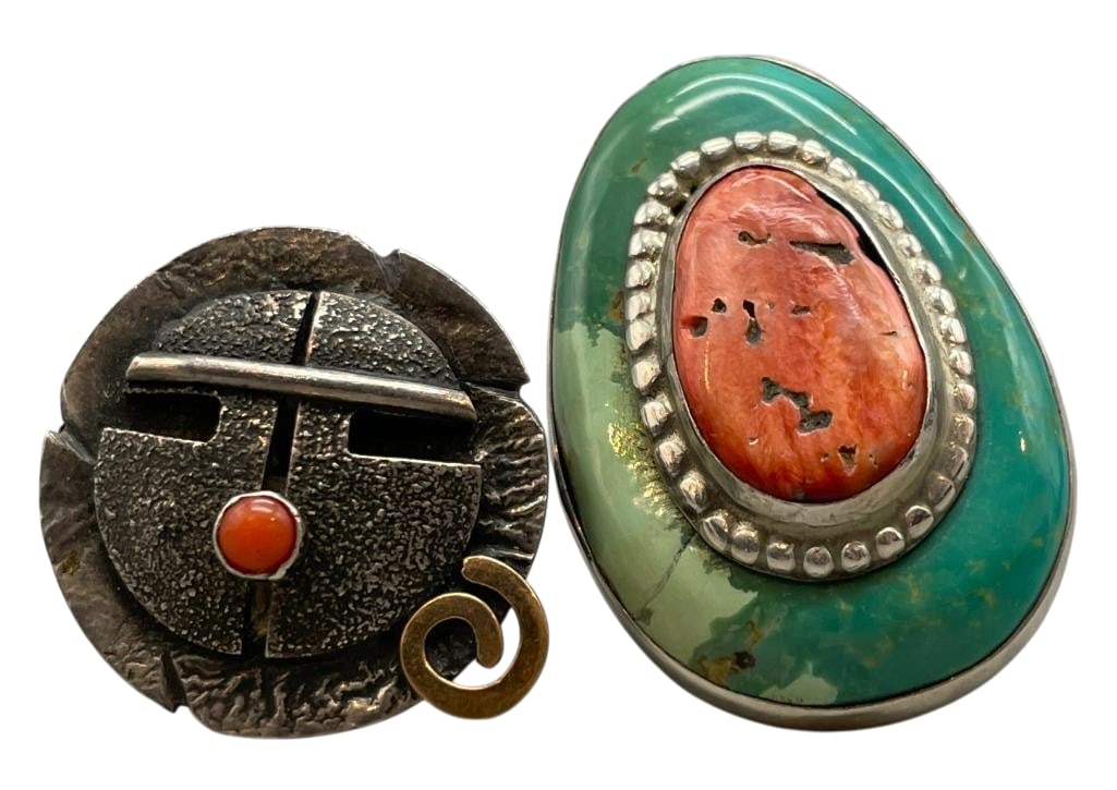 Two Sterling Silver Rings - One by Jolene Eustace And One by Anthony Aguilar Sr.: Offered here are two sterling silver rings - one by Jolene Eustace and one by Anthony Aguilar, Sr.. One ring features a coral cabochon set atop a turquoise stone, both set in sterling silver. The desi