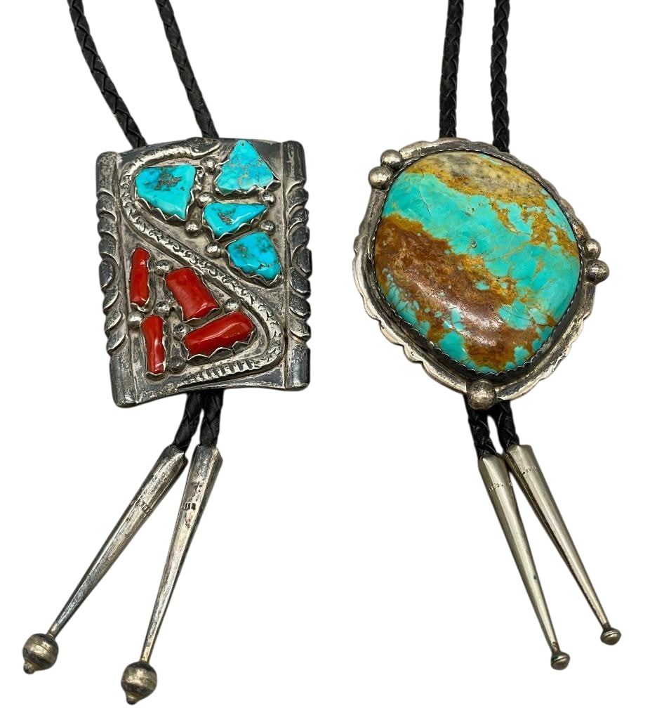 Two Sterling Silver And Turquoise Bolo Ties By Wayne Calavaza And E. And C. Fierro: Available here for your consideration are two sterling silver and turquoise bolo ties by Wayne Calavaza and E. And C. Fierro. One bolo features coral and turquoise cabochons accented by a snake motif,