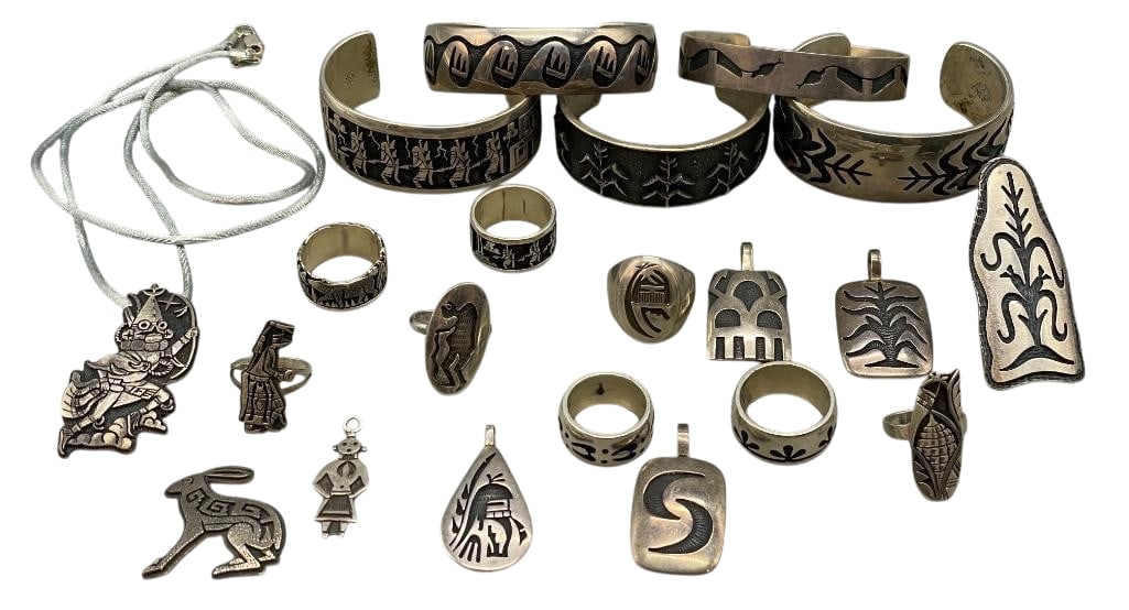 Large Group Of Hopi Overlay Items - Sterling Silver Bracelets, Rings, Pendants and Pin: Offered here for your consideration is a large group of Hopi overlay items - sterling silver bracelets, rings, pendants and pin. These pieces showcase a variety of intricate overlay designs, including