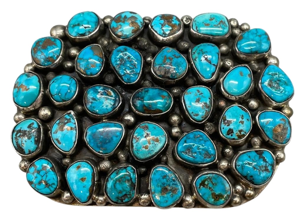 Tillie Jon Sterling Silver And Turquoise Cluster Belt Buckle: Available here in this lot is a Tillie Jon sterling silver and turquoise cluster belt buckle. This great buckle features a cluster of nice turquoise cabochons set in handmade silver bezels. Accenting 
