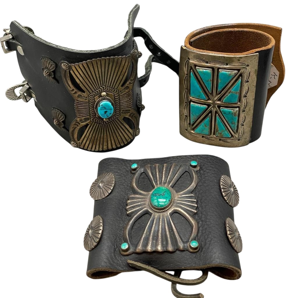 Three Vintage Ketohs With Various Designs: Offered here for your consideration are three vintage ketohs with various designs. These ketohs feature silver plates highlighted with turquoise cabochons set in silver bezels accented with hand stamp