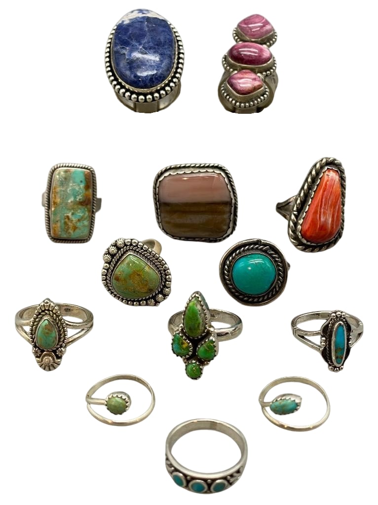 13 Sterling Silver Rings With Various Settings: Offered here for your consideration are 13 sterling silver rings with various settings. These rings feature cabochons including turquoise, spiny oyster, purple spiny oyster and others set in silver be