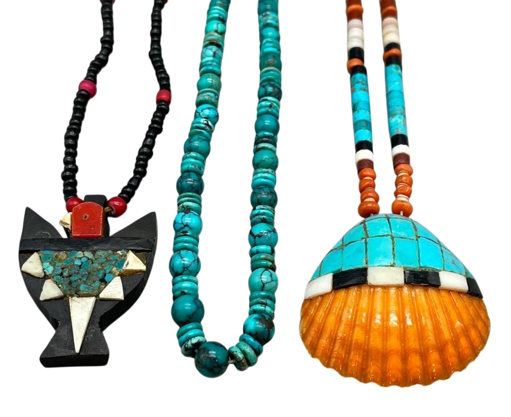 Two Pueblo And One Turquoise Necklace: Offered here for your consideration are two Pueblo and one turquoise necklace. Two of the necklaces feature a pendant, one with a shell and the other with bird shape. They are highlighted with a multi