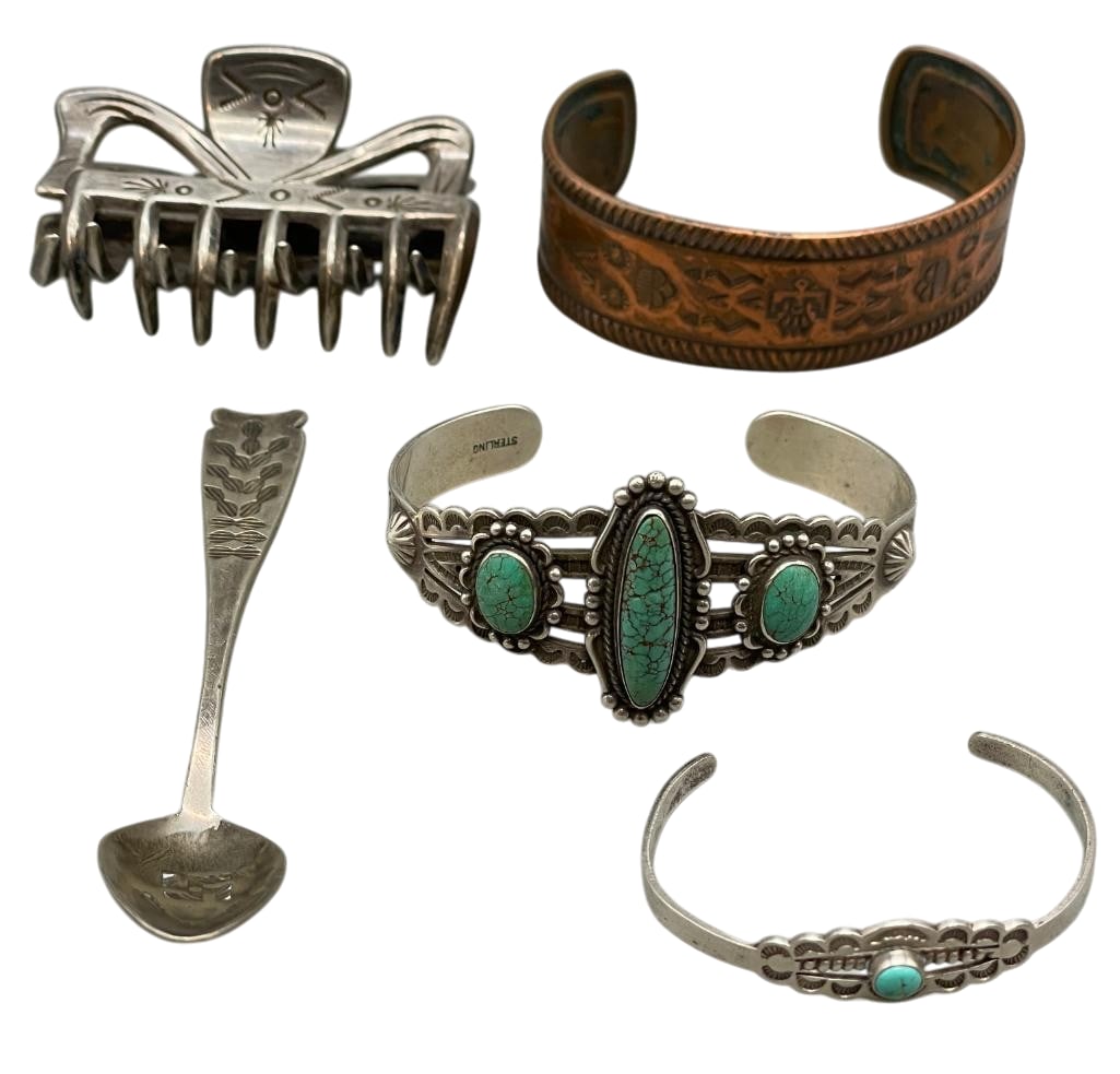 Group Of Miscellaneous Fred Harvey Style Jewelry: Offered here for your consideration is a group of miscellaneous Fred Harvey style jewelry. Two of the bracelets feature turquoise cabochons set in silver bezels with silver accents. The copper bracele