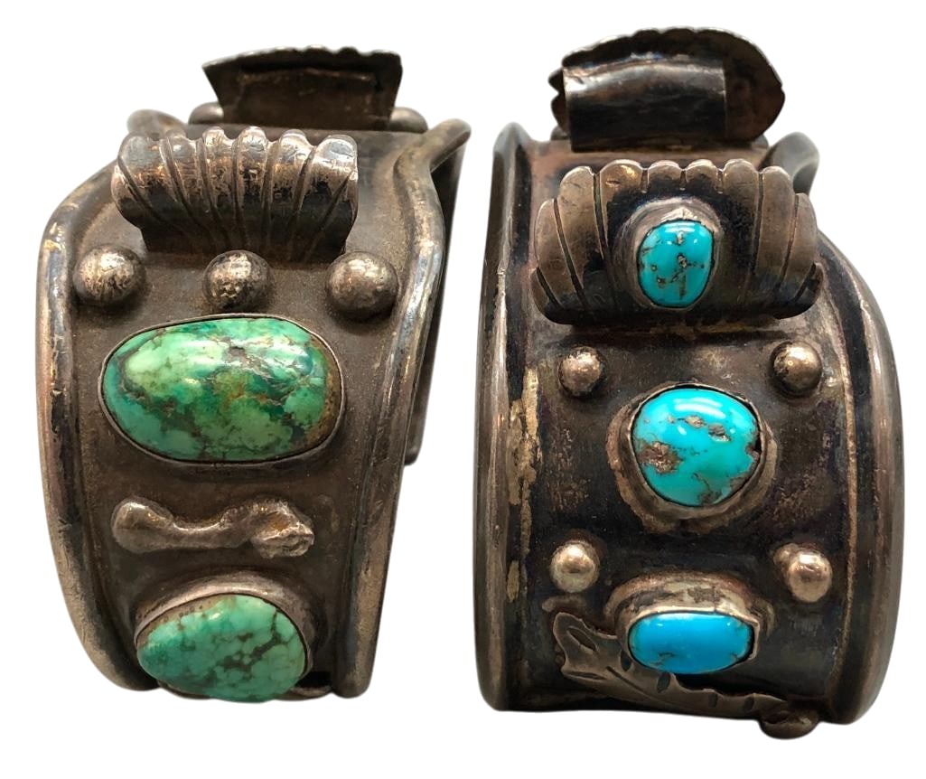 Two Vintage Sterling Silver And Turquoise Watch Cuffs: Offered here for your consideration are two vintage sterling silver and turquoise watch cuffs. Both pieces feature turquoise cabochons set in smooth silver bezels accented with silver dots and leaves 
