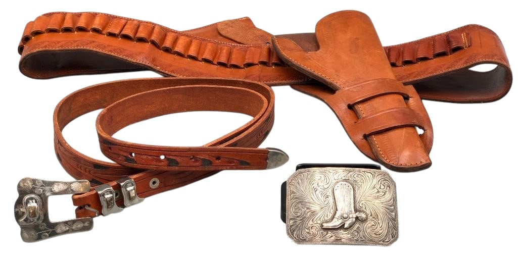 Vintage Huntsville Prison Buckle with Belt, Vintage Single Gun Rig and Nice Sterling Silver Buckle: Offered here for your consideration is a vintage Prison buckle with belt, a vintage single gun rig and a sterling silver buckle. The tooled leather belt has a ranger buckle set accented with etched de