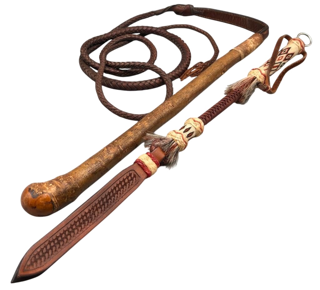 Hitched Horsehair Quirt and Unique Stock Whip: Offered here for your consideration is a hitched horsehair quirt and a unique stock whip. The quirt features work in shades of cream, red and black arranged in geometric patterns and appears to be a D