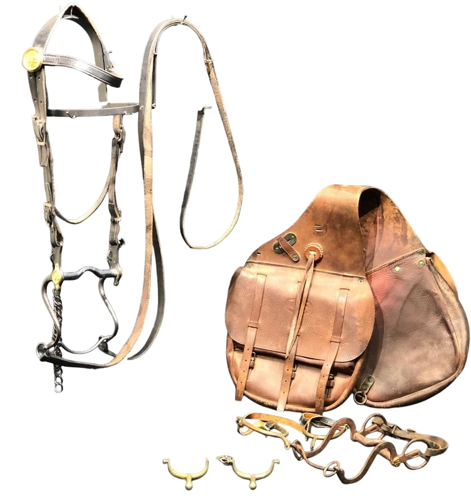 Group Of Equine Militaria: Offered here for your consideration is a group of equine militaria. This group consists of a bridle, bit, leather saddle bag and spurs. The black leather bridle features U.S. marked rosettes. The leat