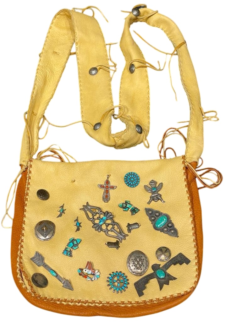 Western Style Leather Purse With Vintage Pins: Offered here for your consideration is a western style leather purse with vintage pins. The purse features pins showcasing various designs and are highlighted with turquoise cabochons or multi stone i