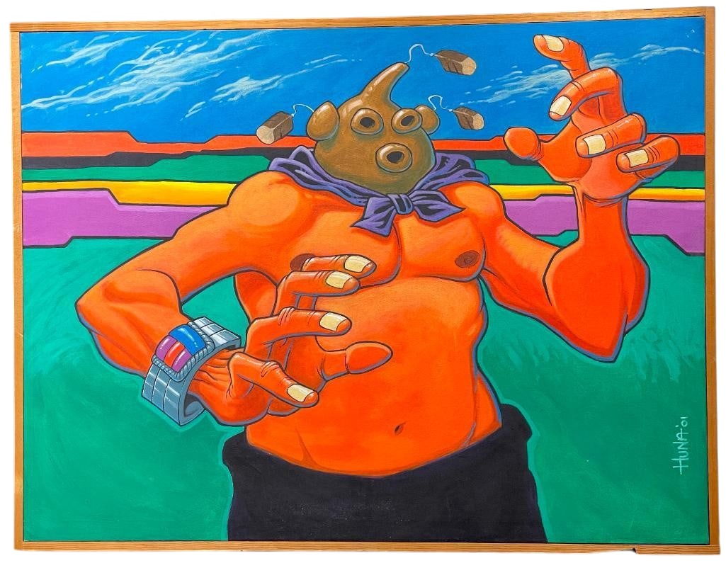 Original Mudhead Painting By Ryan Huna Smith: Offered here for your consideration is an Original Mudhead painting by Ryan Huna Smith. This piece depicts a Mudhead dancer highlighted with an orange body against a multi colored landscape background