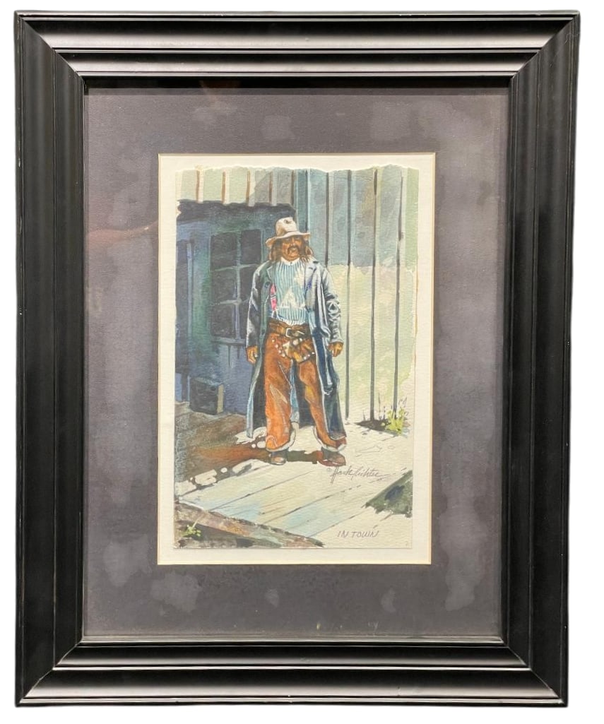 In Town - Original Watercolor By Hank Richter: Offered here for your consideration is "In Town" an original watercolor by Hank Richter. This piece depicts a cowboy standing on a wooden boardwalk in front of a building. It is presented in a