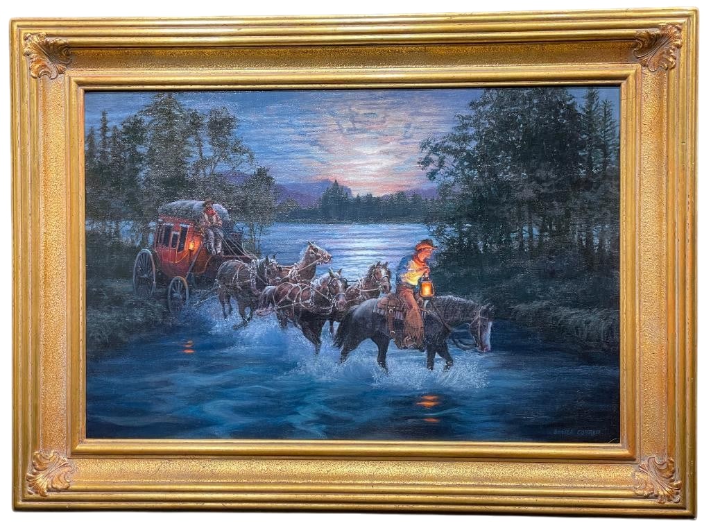 Original Oil Painting - Crossing The River - By Sheila Cottrell: Offered here for your consideration is "Crossing The River" an original oil painting by Sheila Cottrell. This piece depicts a stagecoach crossing a river at dusk while a rider on horseback lea