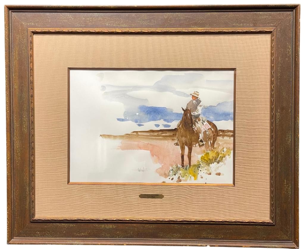 I Pray To You Lord - An Original Water Color Painting By Buck Taylor: Offered here for your consideration is "I Pray To You Lord" an original watercolor painting by Buck Taylor. This piece depicts a cowboy on horseback overlooking a wagon train traveling through