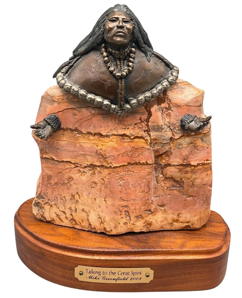 Talking To The Great Spirit A Statue By Mike Greenfield: Offered here for your consideration is "Talking to the Great Spirit" a mixed media sculpture by Mike Greenfield. This piece depicts a Native American figure with a bronze head and hands on a s