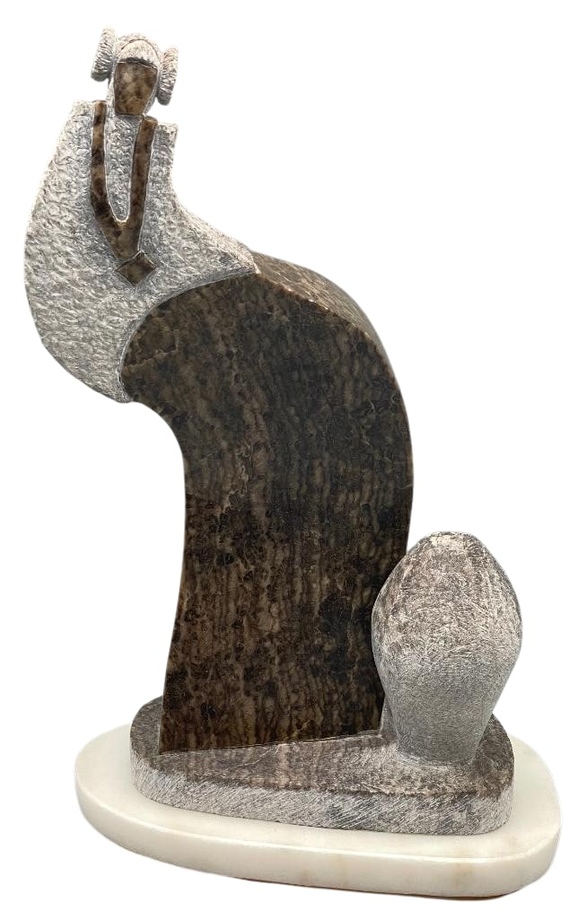 Navajo Stone Sculpture By Will Hatch: Offered here for your consideration is a stone sculpture by Will Hatch. This piece depicts a stylized Hopi figure and a pottery motif carved from alabaster and mounted on a marble base with a turntabl