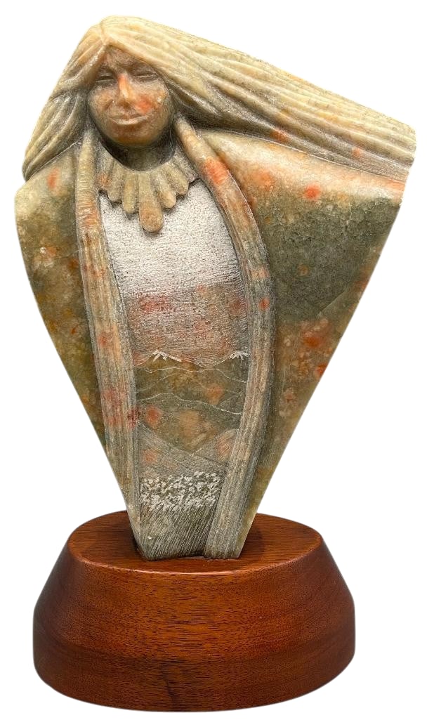 Stone Sculpture By Cliff Fragua (Jemez): Offered here for your consideration is a stone sculpture by Cliff Fragua (Jemez). This piece depicts a Native American woman with flowing hair and a necklace. The sculpture is carved from alabaster an