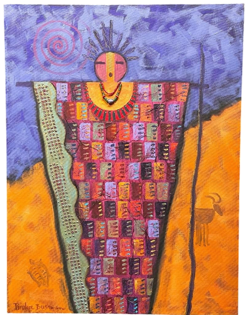 Mixed Media Oil On Canvas By Penelope Bushman: Offered here for your consideration is a mixed media oil on canvas by Penelope Bushman. This piece depicts a stylized figure wearing a patterned robe and jewelry standing against a purple sky backgrou