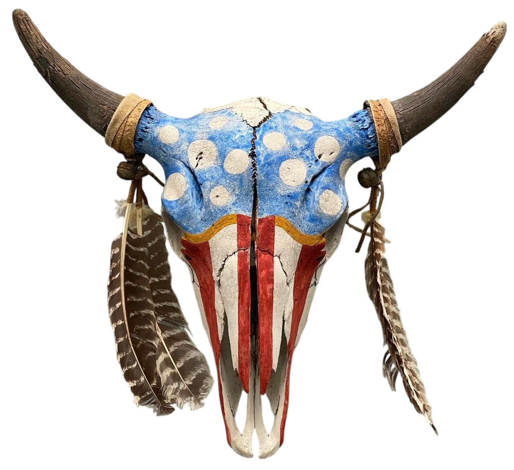 Patriotic Theme Painted Cow Skull: Offered here for your consideration is a patriotic themed painted cow skull. This piece is painted in red, white, and blue colors with white spots across the forehead. *NOTE: the skull has loose porti
