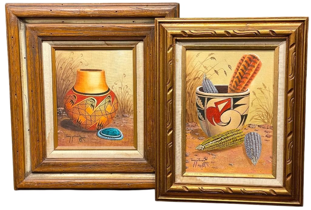 Two Original Oil Paintings - Jimmy Yellowhair: Offered here for your consideration are two original oil paintings by Jimmy Yellowhair. Both pieces depict Hopi pottery vessels highlighted with a turquoise pendant or with corn and feathers. They are
