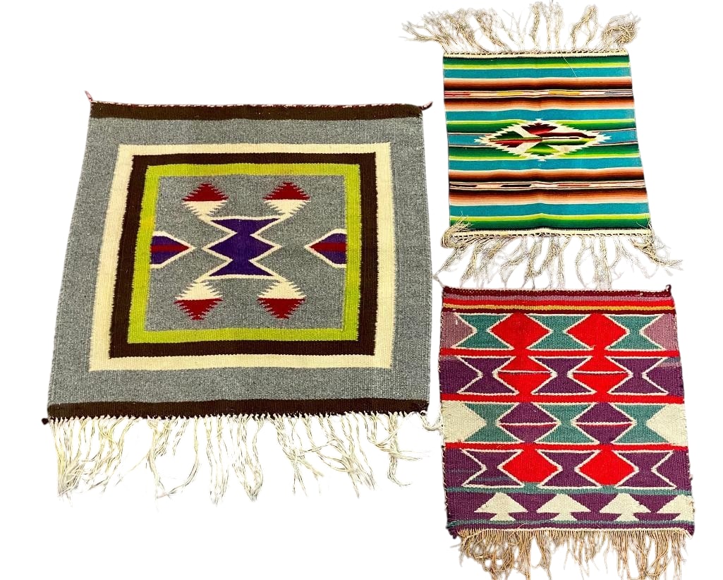 Two Germantown Navajo Weavings and One Mexican Saltillo: Available here for your consideration are two Germantown Navajo weavings and one Mexican Saltillo. The first Germantown weaving is a small sampler in purple, red, greens, and white. It features geomet