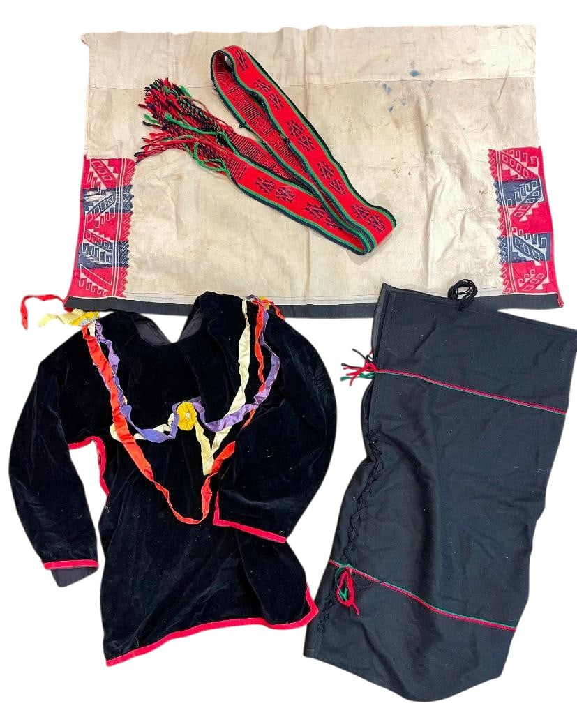 Group Of Miscellaneous Hopi Style Apparel: Offered here for your consideration is a group of miscellaneous Hopi style apparel. This group includes a hand woven sash belt in red, green, and black. Next is a black Hopi style ribbon shirt with ye