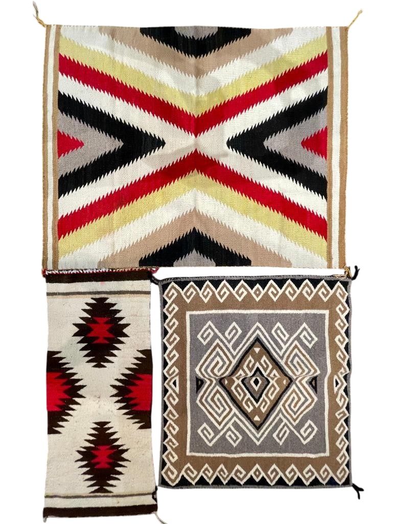 Group of Three Navajo Rugs Circa 1950s - 1960s: Available here for your consideration is a group of three Navajo rugs circa 1950s - 1960s. These rugs are made from hand carded and hand spun wool. One features a stacked X pattern filling the weave i