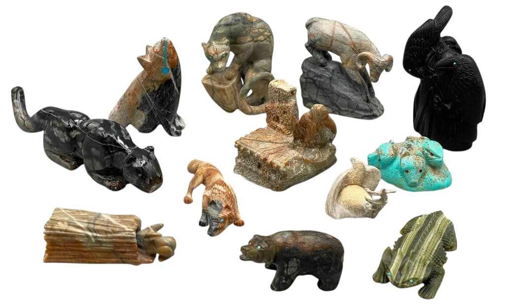 Twelve Zuni Animal Fetishes By Various Artists: Offered here for your consideration is a group of 12 Zuni animal fetishes by various artists. Figures include a rabbit in a log, two eagle designs, a ram, a panther, ravens, a horned toad lizard, two 