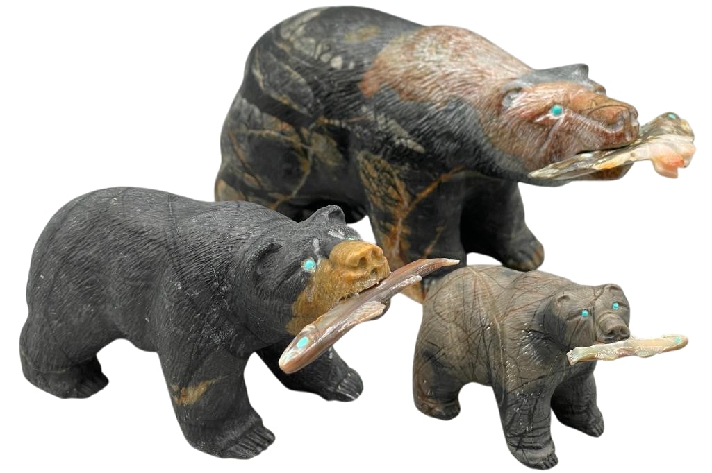 Three Herbert Him Bear Fetishes With Fish: Offered here for your consideration is three Herbert Him Bear theme fetishes with fish. This group features three different carved bears. They are made from a variety of stones including Picasso marbl