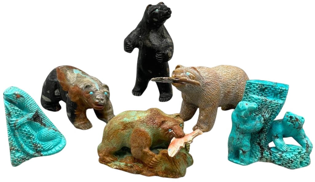 Six Herbert Him Zuni Carved Animal Fetishes: Offered here for your consideration is a group of six Herbert Him carved animal fetishes. Figures include five different bear theme fetishes and one lizard themed. They are made from a variety of ston