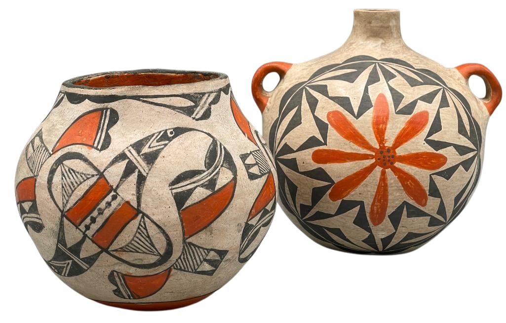 2 Vintage-Antique Acoma-Pueblo Pottery Pieces: Available here for your consideration are two vintage to antique Acoma/Pueblo pottery pieces. The pottery of Acoma Pueblo is recognized by its designs and quality. It is some of the most highly prized