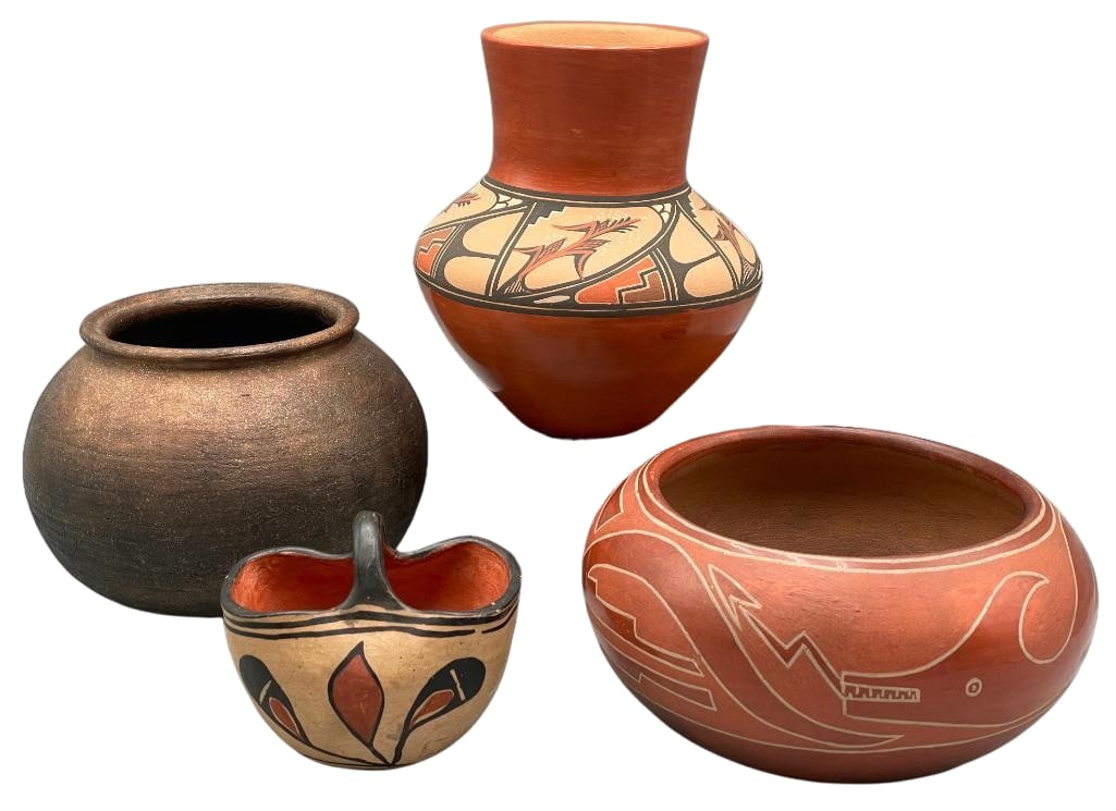 Group of Pueblo Pottery Pieces: Presented here for your consideration is a group of Pueblo pottery pieces. These pieces are hand made by different pueblo tribes. The first one is a small basket style piece with a handle with polychr