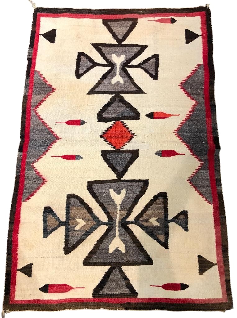 Early Teec Nos Pos Design 1920-1940s: Available here for your consideration is a early Teec Nos Pos Design 1920-1940s. This rug was woven with hand carded and hand spun wool and features geometrical patterns in red, grey, white, and brown
