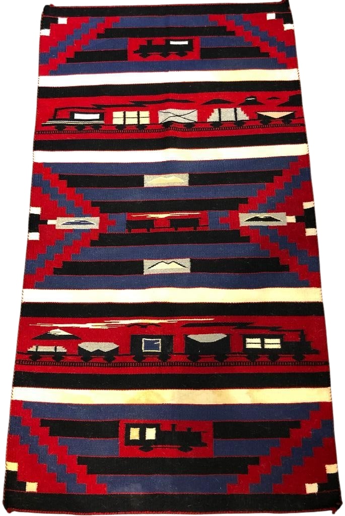 Chief Blanket Design Railroad Pictorial Navajo Weaving: Available here for your consideration is a Chief Blanket Design Railroad Pictorial Navajo weaving. This wonderful weaving features pictorials of a locomotives, trains, rail cars, mountains, and more i