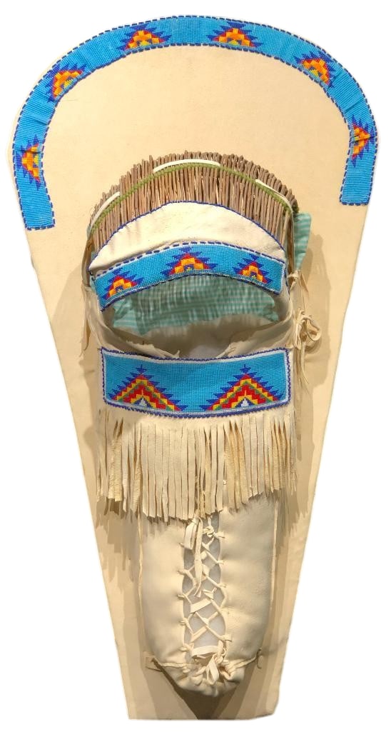 Beaded Cradleboard - Plains or Great Basin Area: Offered here for your consideration is a beaded cradleboard. This board is wrapped in a cream tanned hide and features bands of beadwork with geometric patterns in blues, orange, yellow, red, and whit