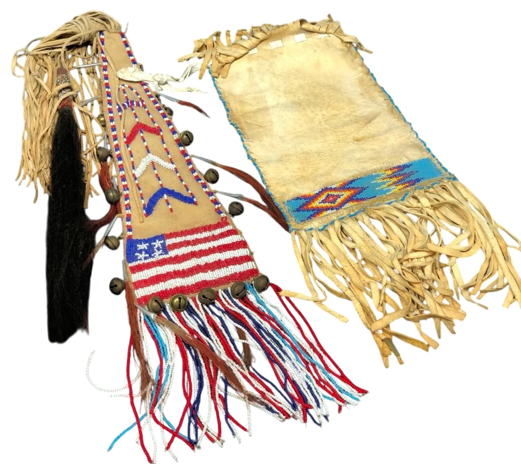 Beaded Plains Pipe/Tobacco Bag And Patriotic Regalia Drop: Offered here for your consideration is a beaded Plains pipe/tobacco bag and a patriotic regalia drop. The tobacco bag is made from buckskin. It features a banded diamond pattern on the bottom and leat