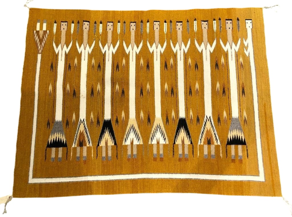 Vintage Yei Pattern Navajo Rug Circa 1960s-1970s: Available here for your consideration is a vintage Yei pattern Navajo rug circa 1960s - 1970s. This rug was woven with hand carded and hand spun wool and features eight Yei figures and one Rainbow Yei