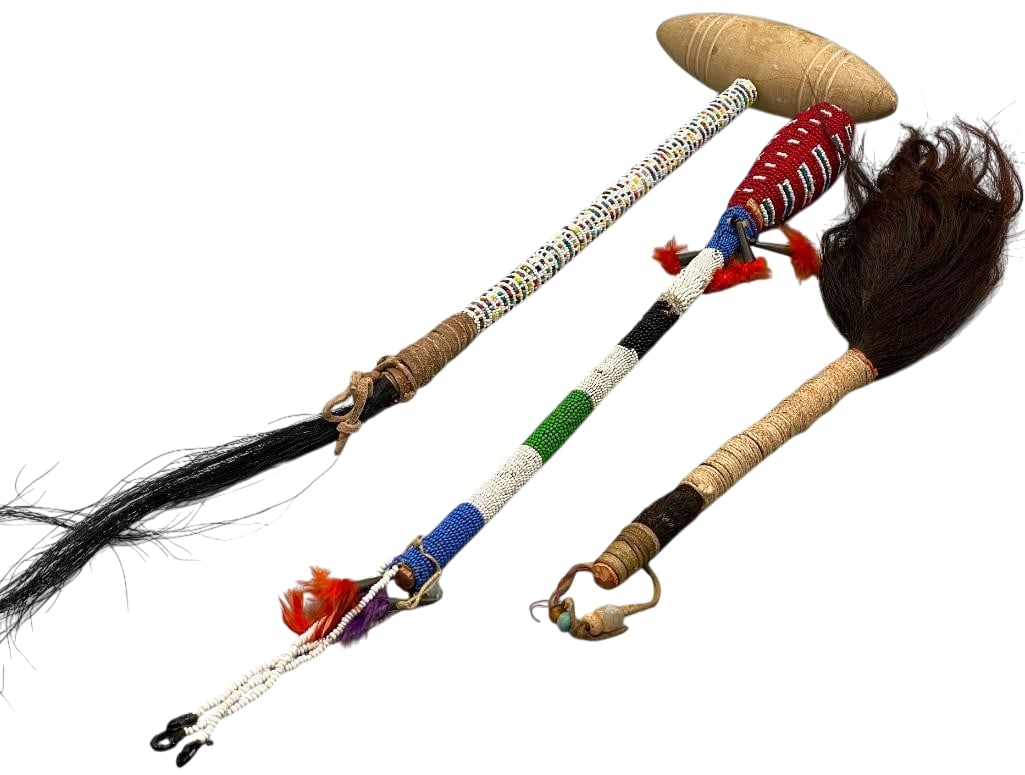 Buffalo Tail Fan - Beaded Head Knocker - And Beaded Tom Tom: Offered here for your consideration is a buffalo tail fan, a beaded head knocker, and a beaded Tom Tom. The buffalo tail fan features buffalo fur from the tail wrapped on the shaft and covered in hide