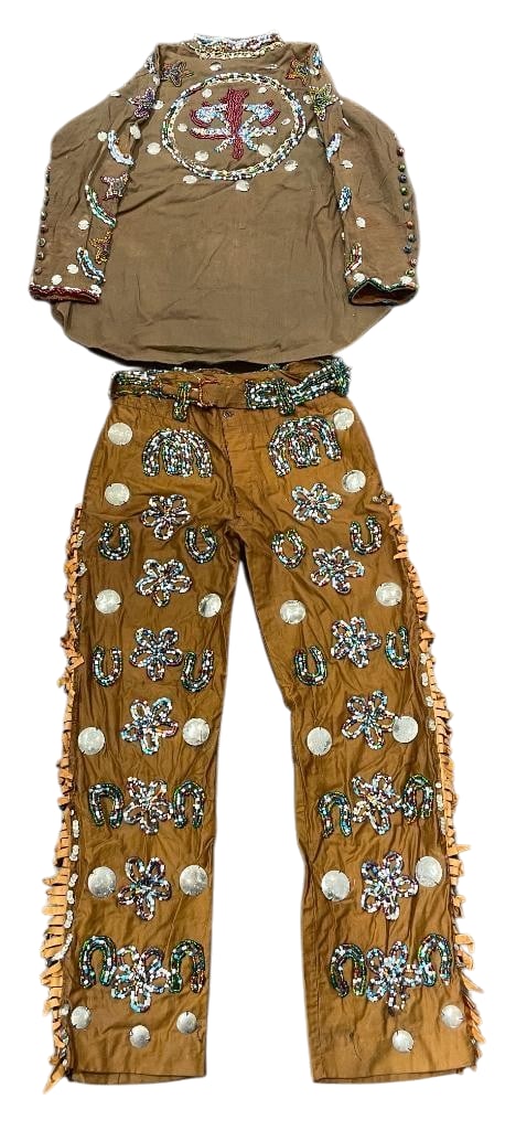 Iroquois Beaded Dance Attire: Offered here for your consideration is a neat Iroquois beaded dance attire outfit. It features fine beadwork on the top and pants. The top has a large beaded circle with geometric patterns and stylize