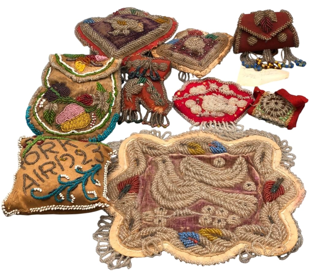 Group Of Iroquois Whimsies Etc.: Offered here for your consideration is a group of Iroquois beaded Whimsies etc. The collection features small bags, a pillow like item and other whimsies. The beads are in various shapes, colors, and 
