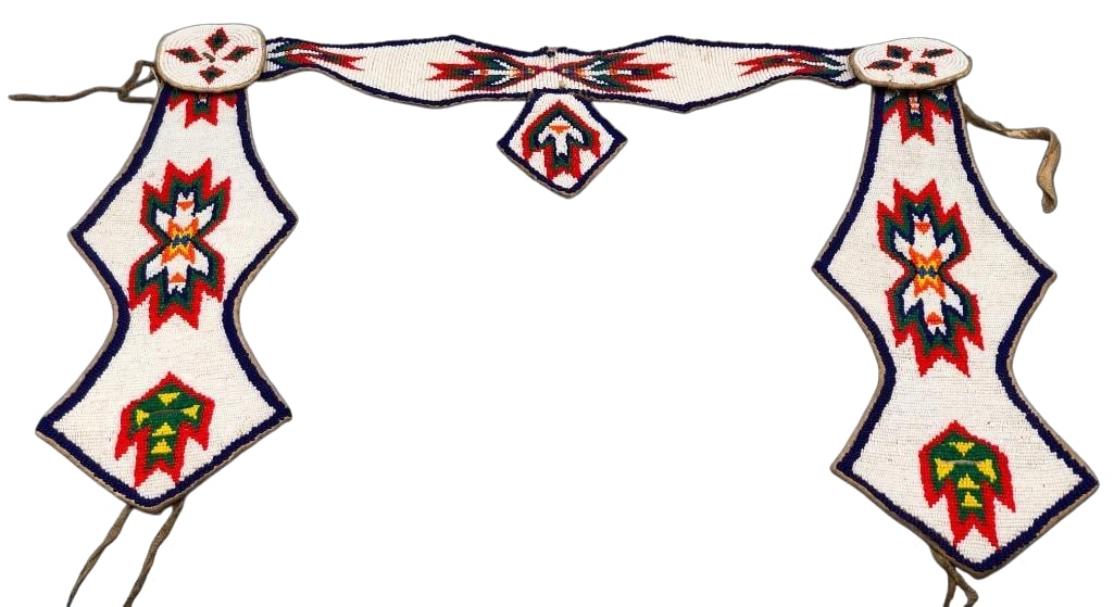 Vintage Beaded Plains Headstall: Offered here for your consideration is a vintage beaded Plains headstall with beautiful, fine beadwork. With arrow motifs and geometric patterns in white, blue, orange, yellow, green, and blue, this p