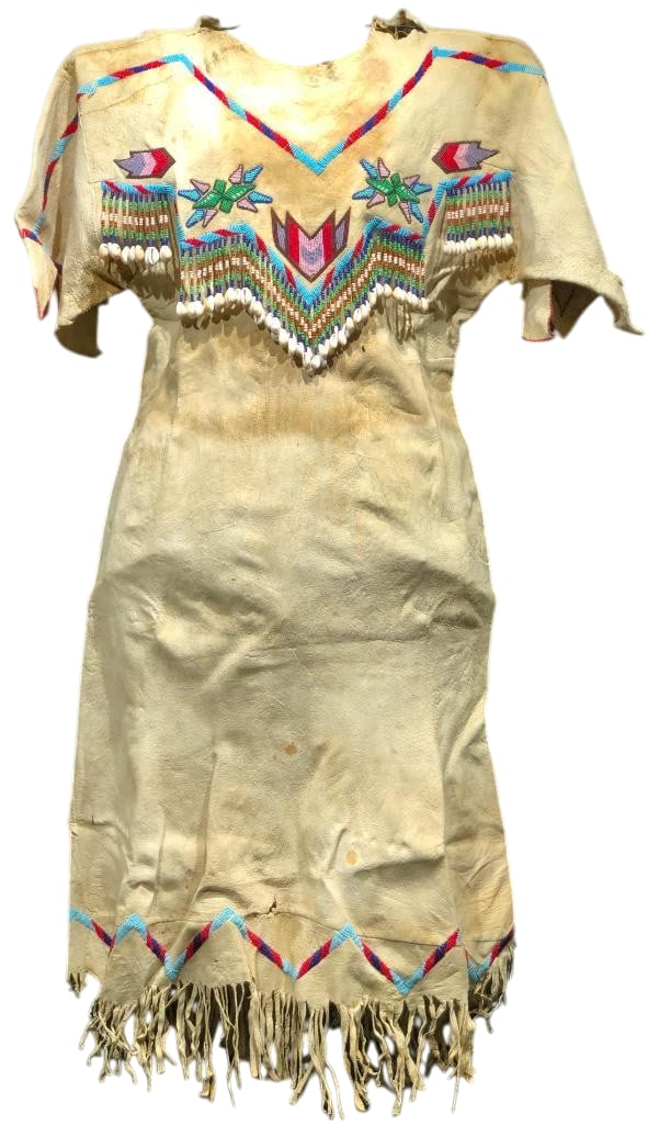 Vintage Plains Beaded Leather Hide Dress: Offered here for your consideration is a vintage Plains beaded leather dress. This piece features beadwork in colors of pink, blue, red and others arranged in geometric and floral designs. The beads a