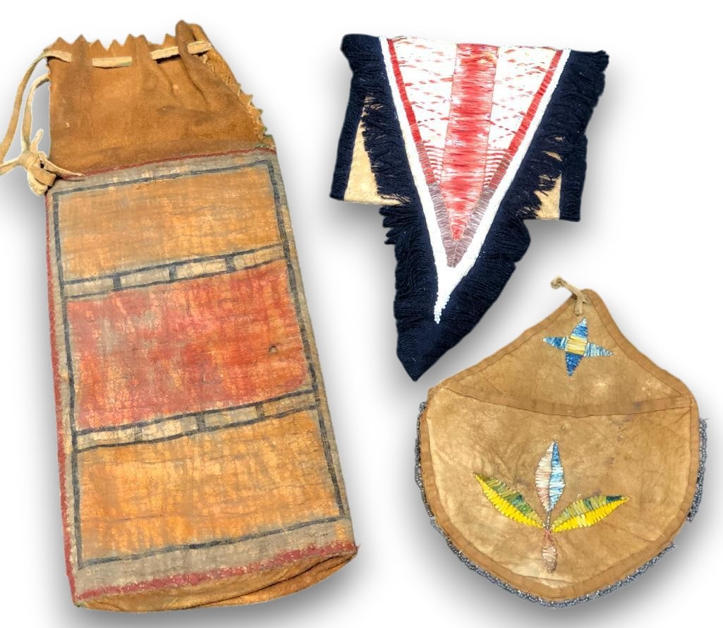 One Parfleche And Two Quilled Accented Antique Bags: Offered here for your consideration is one parfleche and two quilled accented antique bags. The parfleche bag features painted geometric designs and the other two bags showcase quillwork done in color