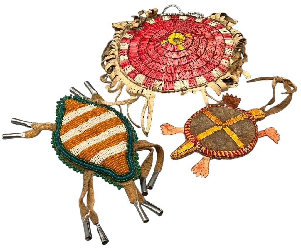 Two Vintage Beaded Turtle Fetishes, Double Sided Quilled And Beaded Bag (1 of 9)