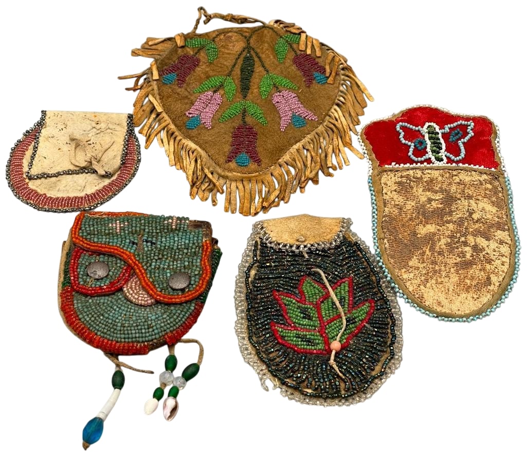 Group Of Smaller Sized Beaded Bags: Offered here for your consideration is a group of smaller sized beaded bags. which feature beadwork done in colors of green, red, white, blue and others arranged in floral, leaf and geometric designs.