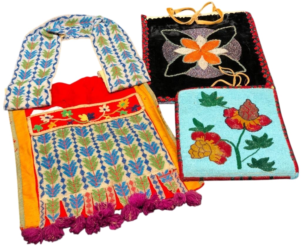 Three Vintage To Antique Beaded Bags: Offered here for your consideration are three vintage to antique beaded bags which feature beadwork done in blue, red, yellow, green, white, and other colors arranged in floral and geometric designs. 