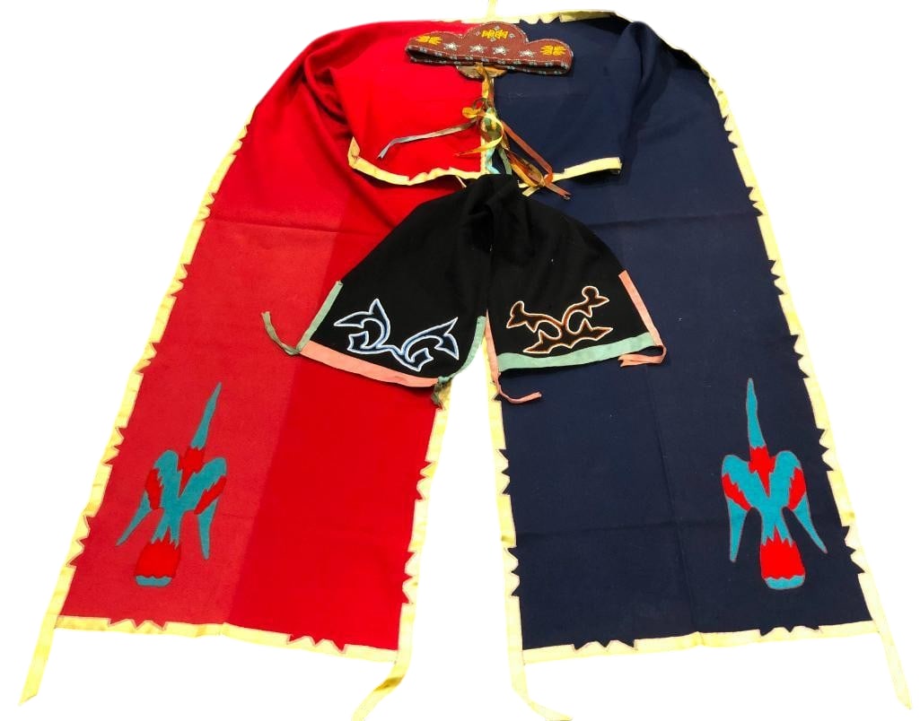 Vintage Beaded Tiara With Pow Wow Attire Etc.: Offered here for your consideration is a vintage beaded tiara with Pow Wow attire, etc. The tiara has beadwork done in colors of red, blue, white and yellow sewn on leather hide and finished with mult