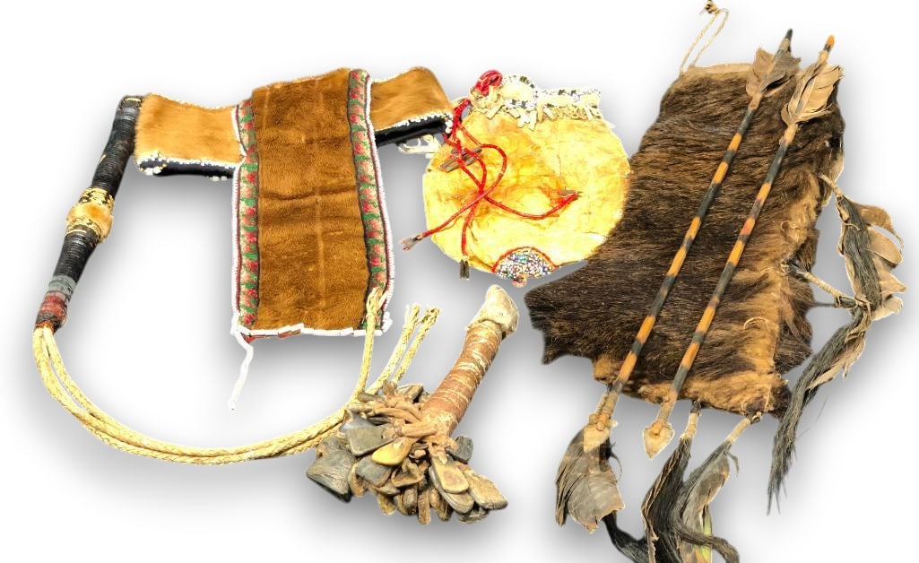 Bear Hide Quiver, Beaver Headpiece, Hoof Rattle, Quirt, Etc. (1 of 18)