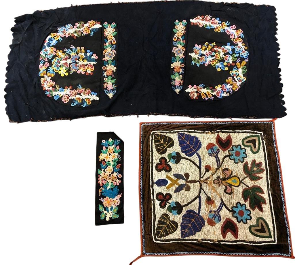 Woodlands Antique Beaded Panels: Offered here for your consideration is a group of antique Woodlands beaded panels. Each features seed beadwork done in colors of pink, yellow, blue and others arranged in floral designs. The beads are