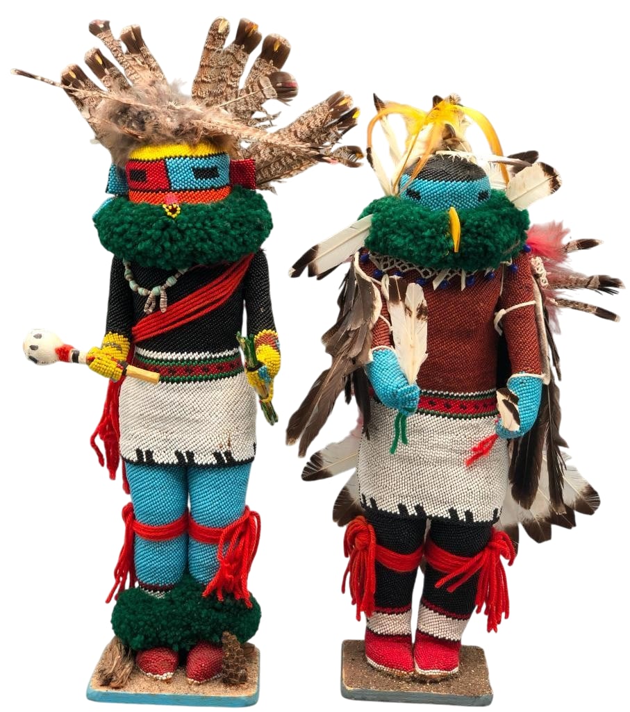Gilbert Lateyice Zuni Beaded Kachinas: Offered here for your consideration is a pair of Gilbert Lateyice Zuni beaded Kachinas. They feature seed beads done in colors of red, blue, black and others. They are further highlighted with feather
