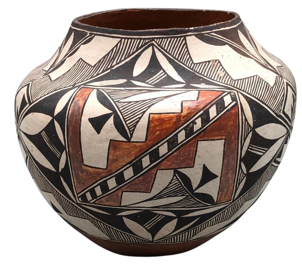 Acoma Pottery Olla: Offered here for your consideration is an Acoma pot which features geometric black and red painted designs on a cream colored background. Ollas were used for carrying water or as storage jars. This is
